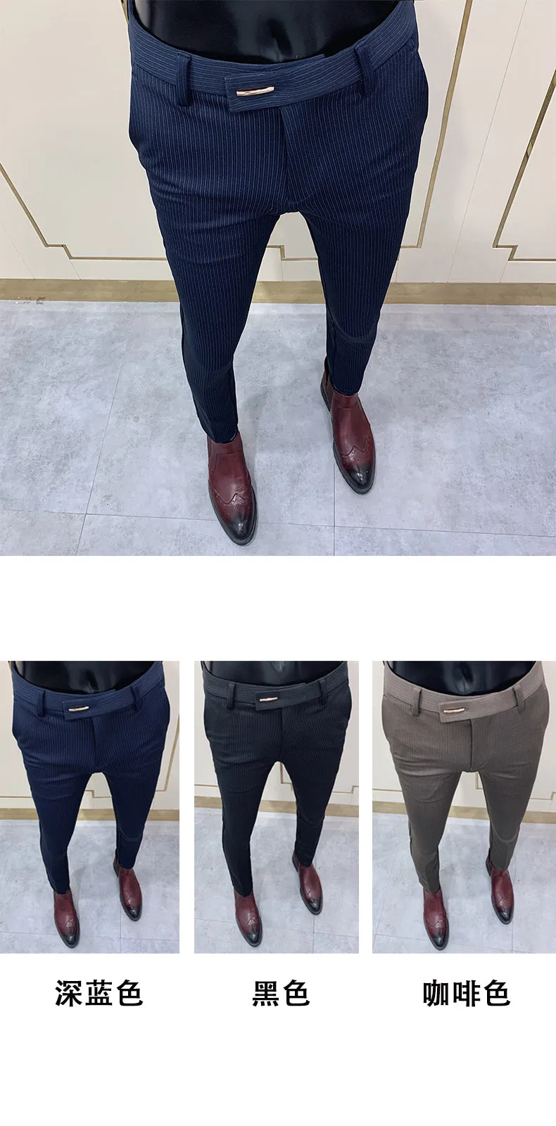 Jinquedai New Striped Suit Pants Men Elegant Skinny Fit Office Pant Men Trousers Pant For Man Business Slim Fit Dress Ankle Trousers