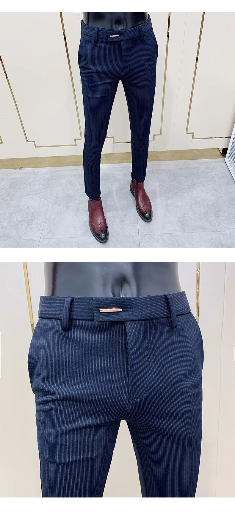 Jinquedai New Striped Suit Pants Men Elegant Skinny Fit Office Pant Men Trousers Pant For Man Business Slim Fit Dress Ankle Trousers