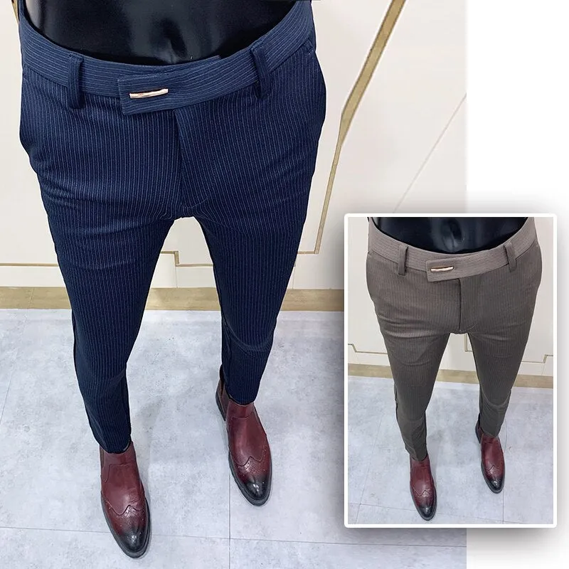 Jinquedai New Striped Suit Pants Men Elegant Skinny Fit Office Pant Men Trousers Pant For Man Business Slim Fit Dress Ankle Trousers
