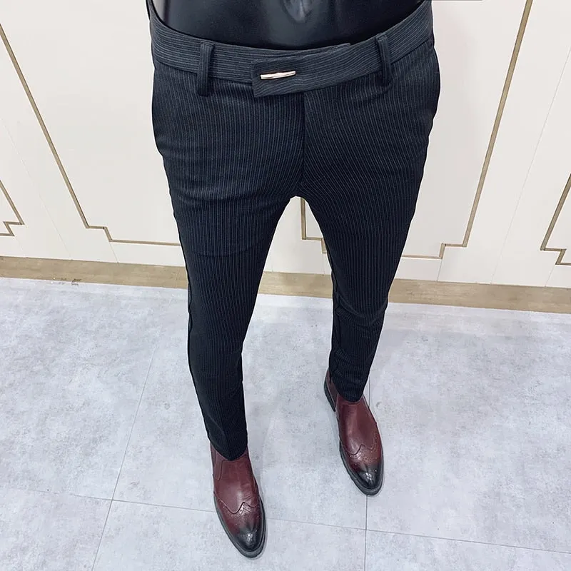 Jinquedai New Striped Suit Pants Men Elegant Skinny Fit Office Pant Men Trousers Pant For Man Business Slim Fit Dress Ankle Trousers