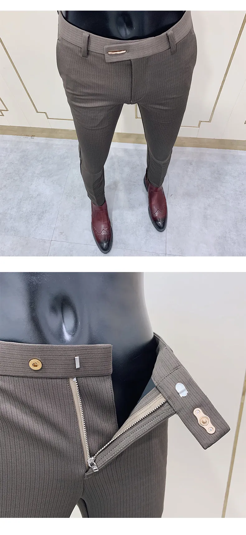 Jinquedai New Striped Suit Pants Men Elegant Skinny Fit Office Pant Men Trousers Pant For Man Business Slim Fit Dress Ankle Trousers
