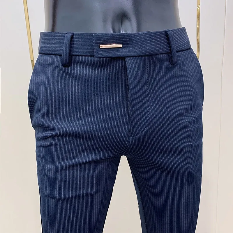 Jinquedai New Striped Suit Pants Men Elegant Skinny Fit Office Pant Men Trousers Pant For Man Business Slim Fit Dress Ankle Trousers