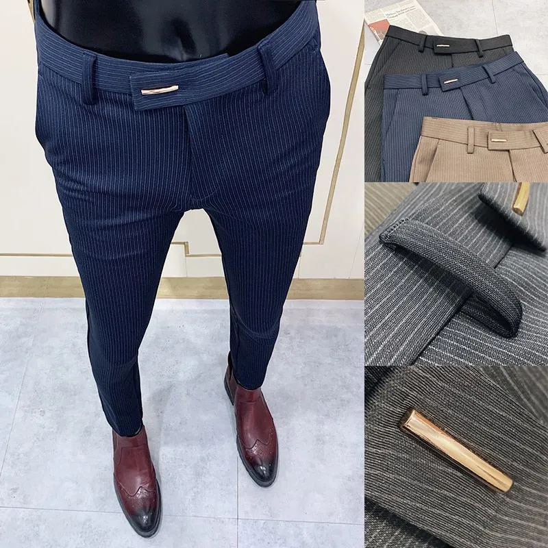 Jinquedai New Striped Suit Pants Men Elegant Skinny Fit Office Pant Men Trousers Pant For Man Business Slim Fit Dress Ankle Trousers