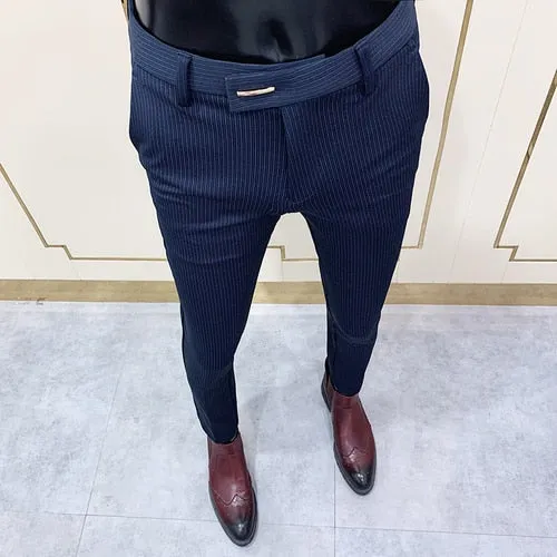 Jinquedai New Striped Suit Pants Men Elegant Skinny Fit Office Pant Men Trousers Pant For Man Business Slim Fit Dress Ankle Trousers