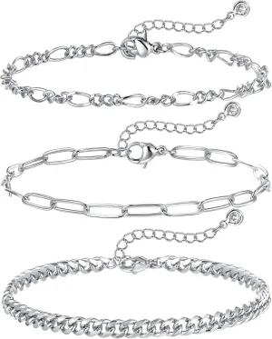 Kainier Gold Bracelets for Women 14k Gold Plated Jewelry Sets for Women Thin Dainty Stackable Paperclip Link Bracelet Adjustable Layered Waterproof Chain Bracelet Gift Gold/Silver
