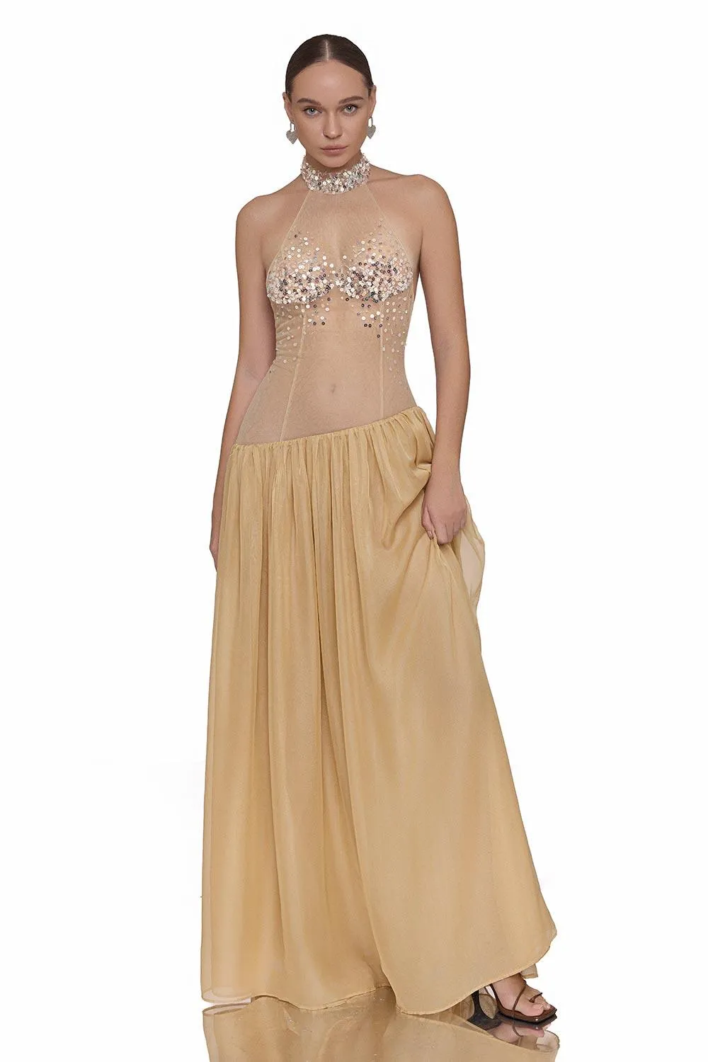 Lana Gathered See-Through Chiffon Floor Length Dress