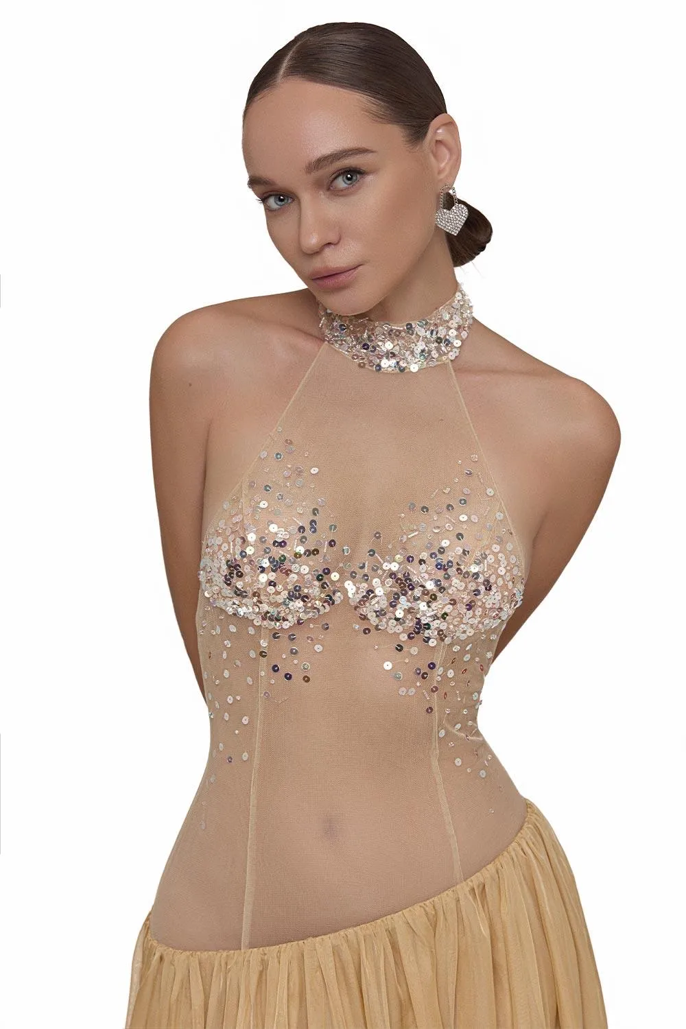 Lana Gathered See-Through Chiffon Floor Length Dress