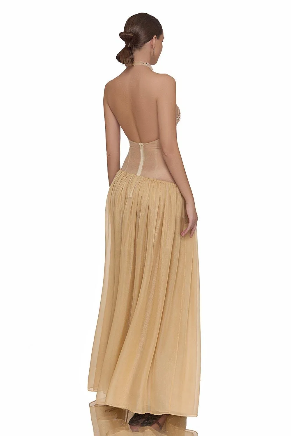 Lana Gathered See-Through Chiffon Floor Length Dress