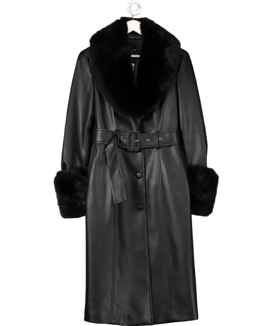 MANGO Black Leather-effect Coat With Fur-effect Trim UK S