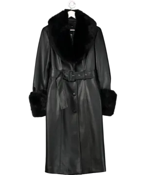 MANGO Black Leather-effect Coat With Fur-effect Trim UK S