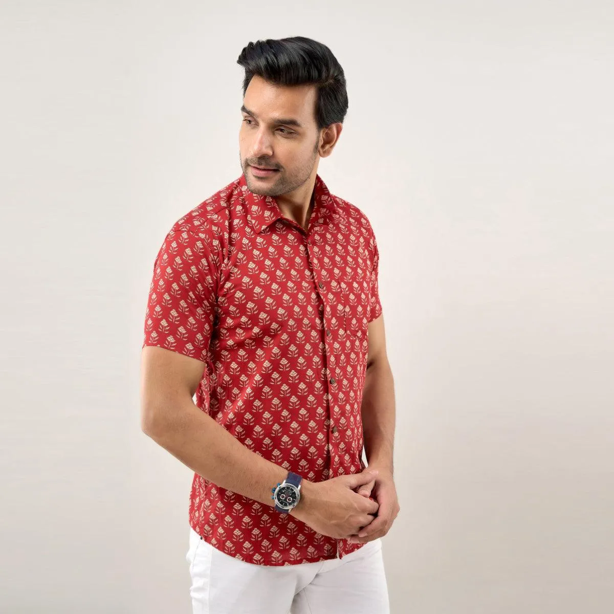 Men Maroon Regular Fit Cotton Floral Casual Shirt
