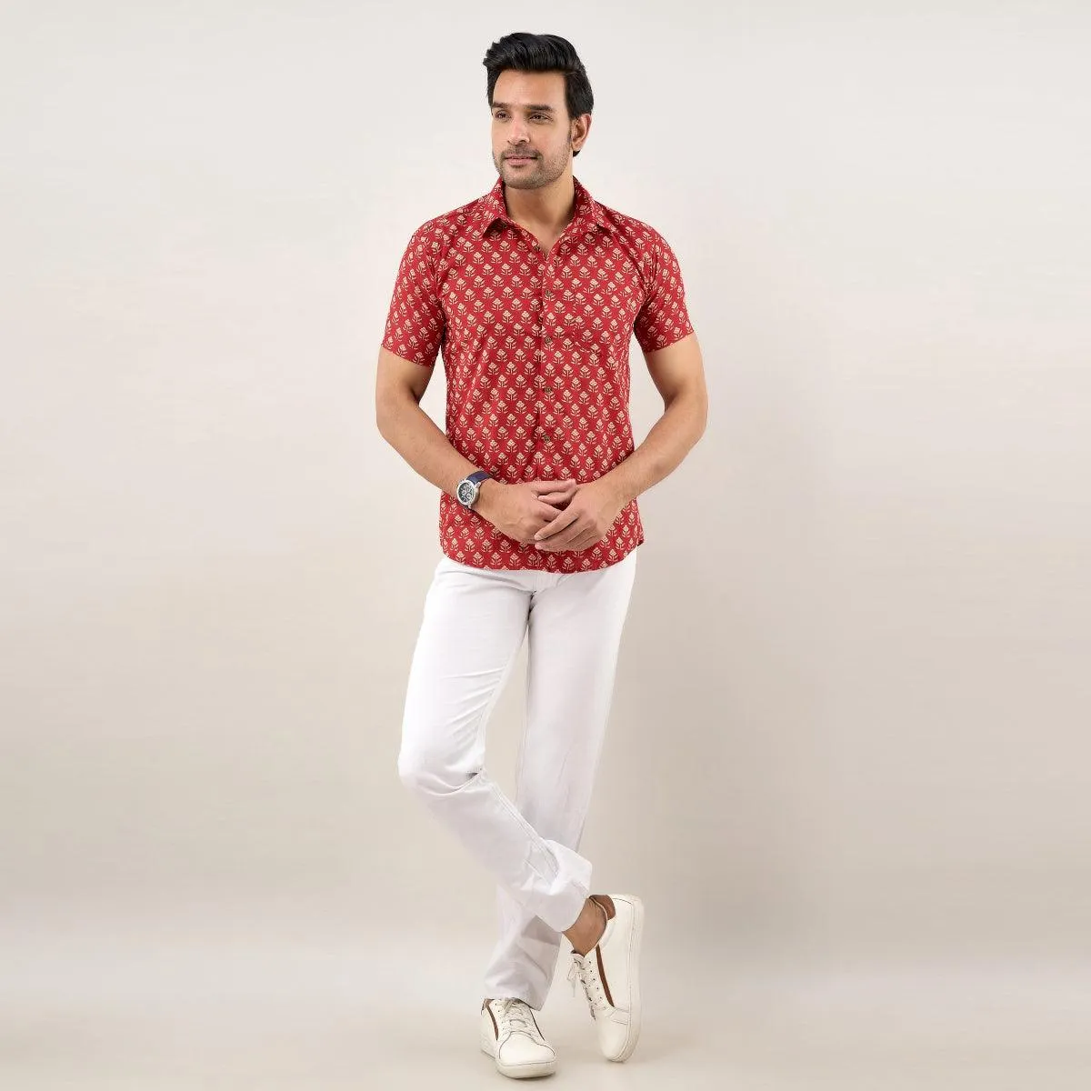 Men Maroon Regular Fit Cotton Floral Casual Shirt