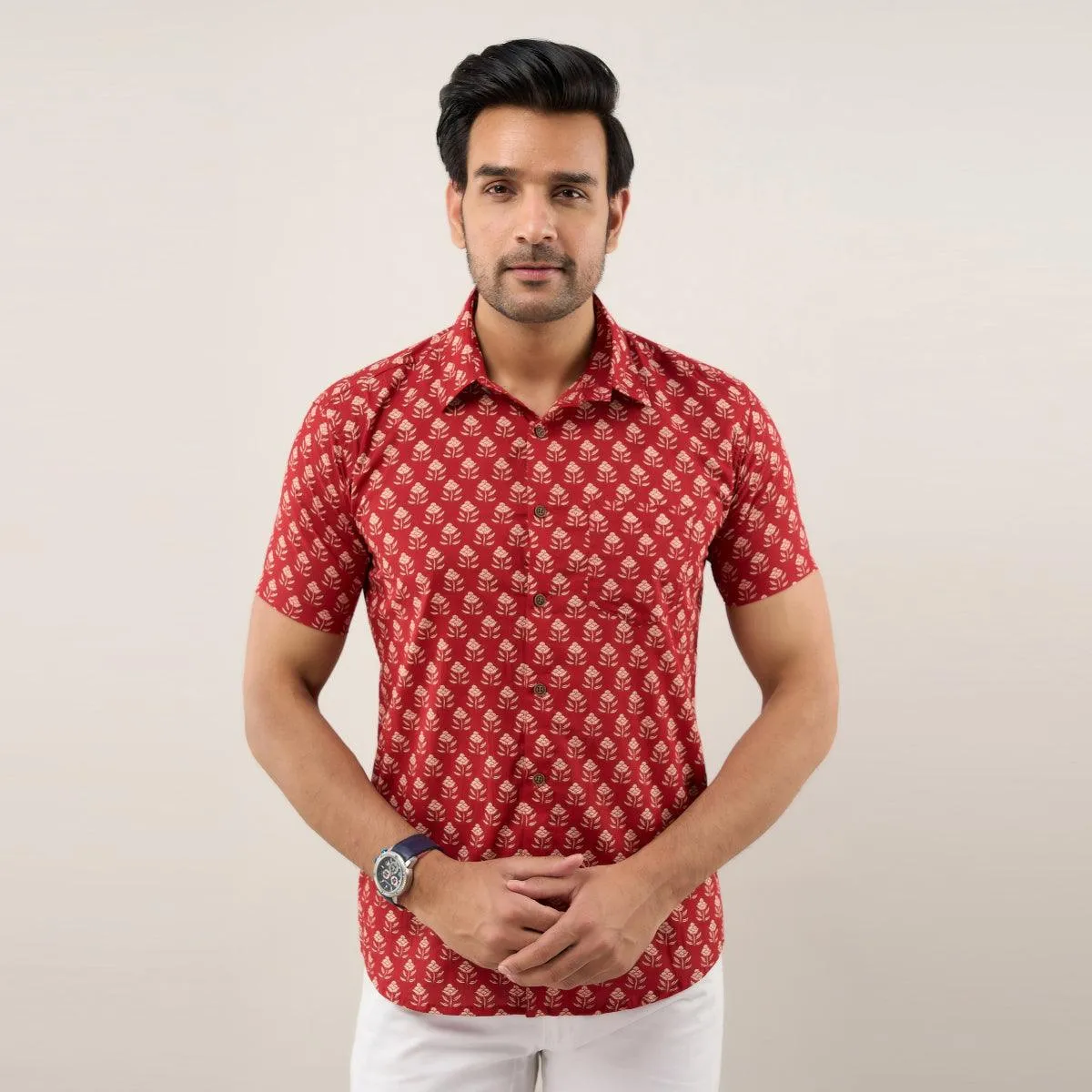 Men Maroon Regular Fit Cotton Floral Casual Shirt
