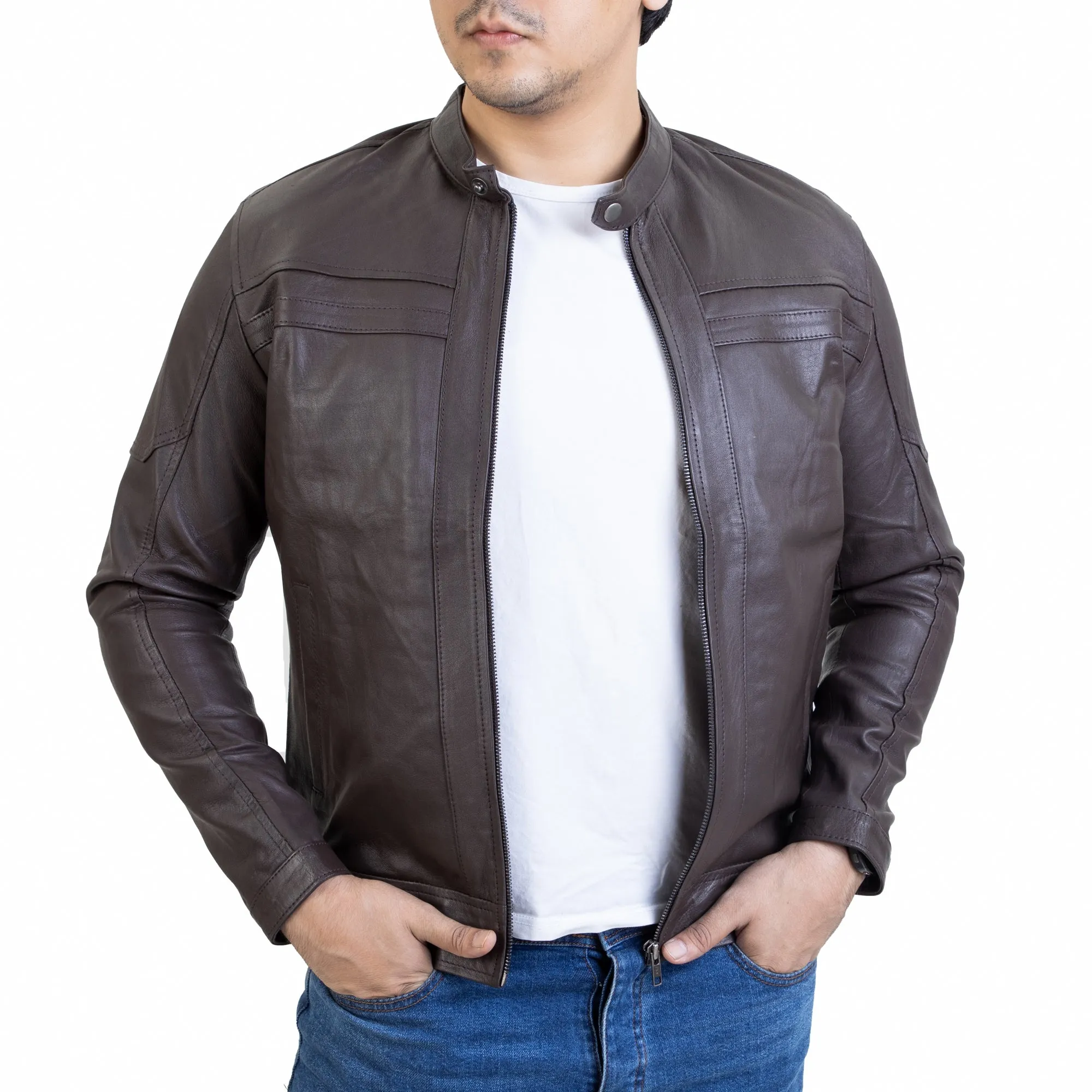 Mens Urban Style Leather Jacket Brown
