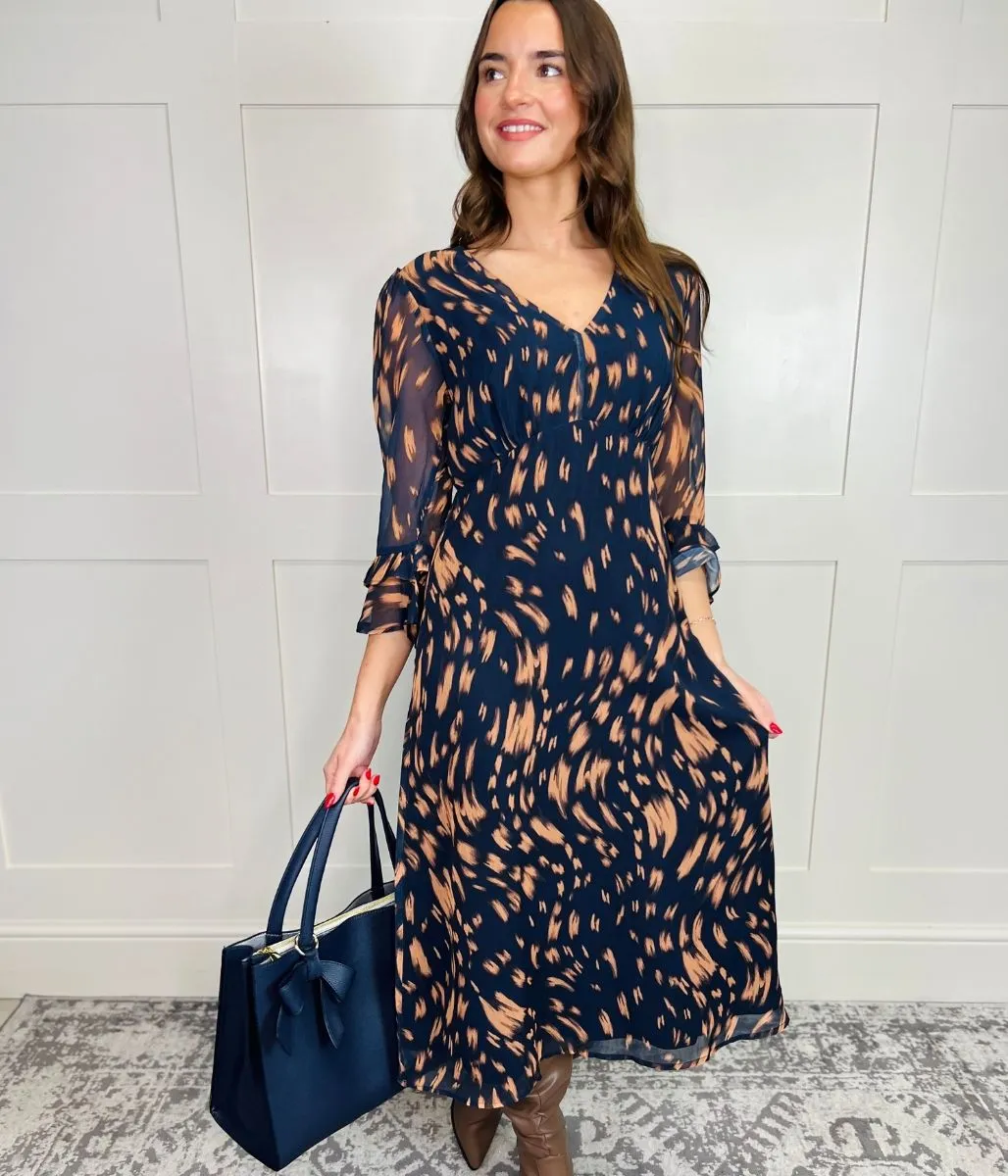 Navy Swirl Print Midi Dress