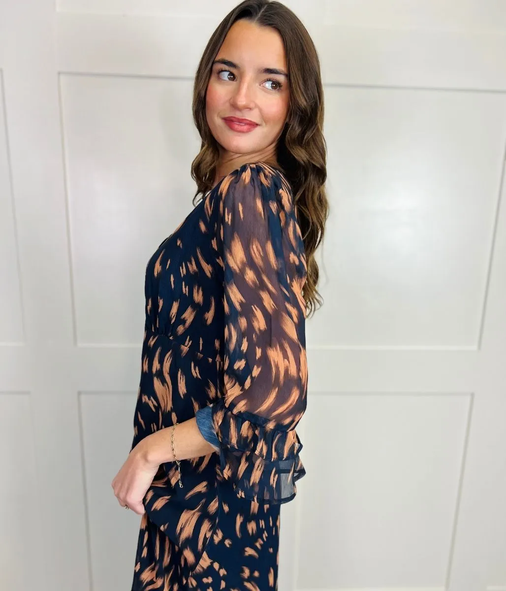 Navy Swirl Print Midi Dress