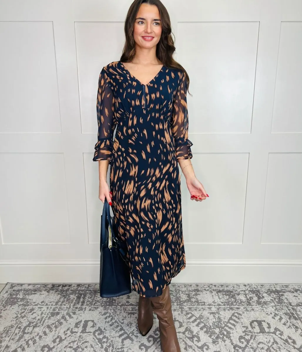 Navy Swirl Print Midi Dress
