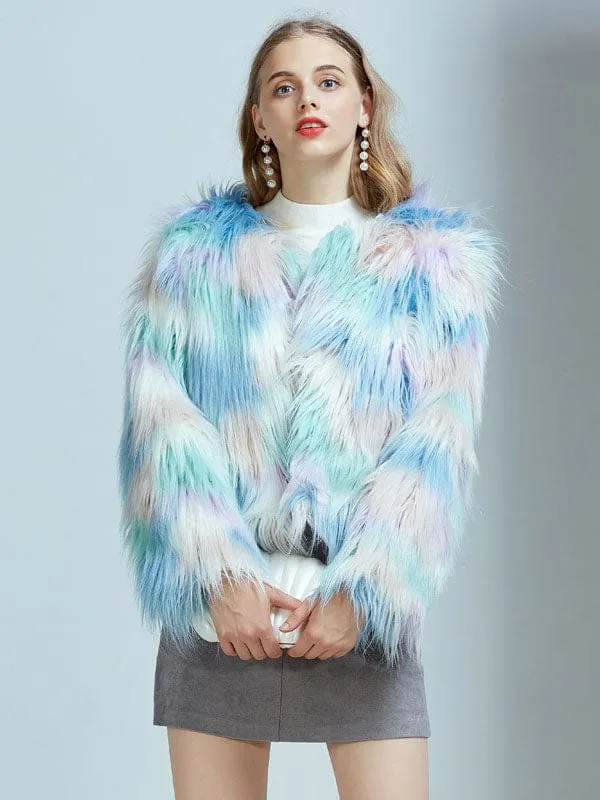 New Faux Fur Coats For Women Long Sleeves Casual Printed Stretch Jewel Neck Light Sky Blue Winter Coat