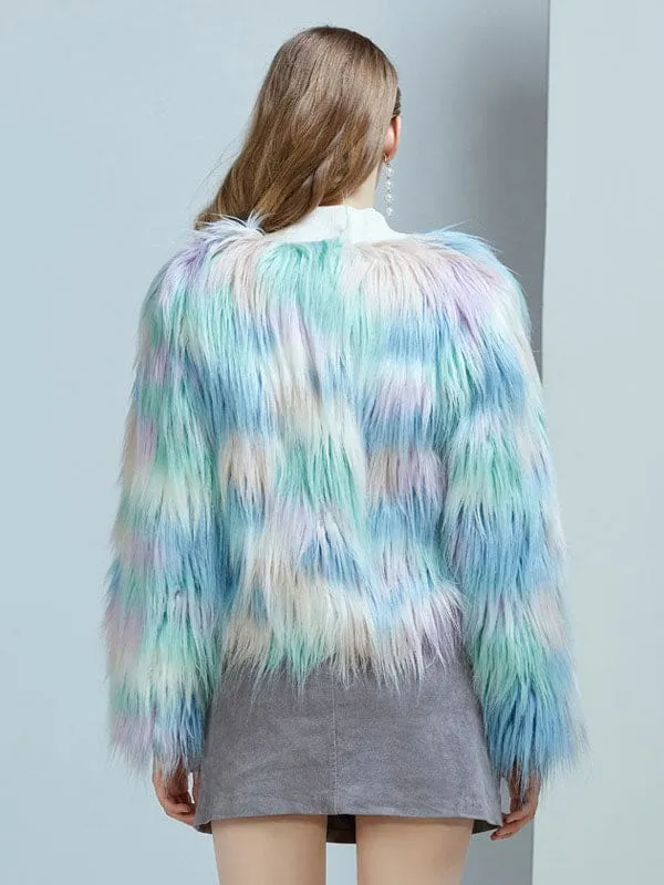 New Faux Fur Coats For Women Long Sleeves Casual Printed Stretch Jewel Neck Light Sky Blue Winter Coat