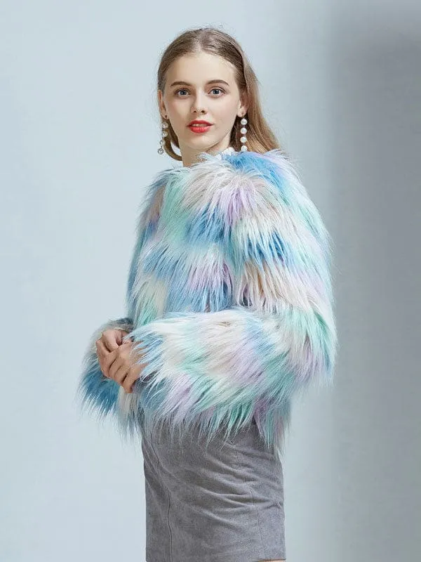 New Faux Fur Coats For Women Long Sleeves Casual Printed Stretch Jewel Neck Light Sky Blue Winter Coat