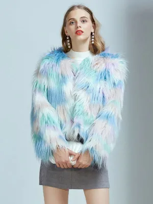 New Faux Fur Coats For Women Long Sleeves Casual Printed Stretch Jewel Neck Light Sky Blue Winter Coat