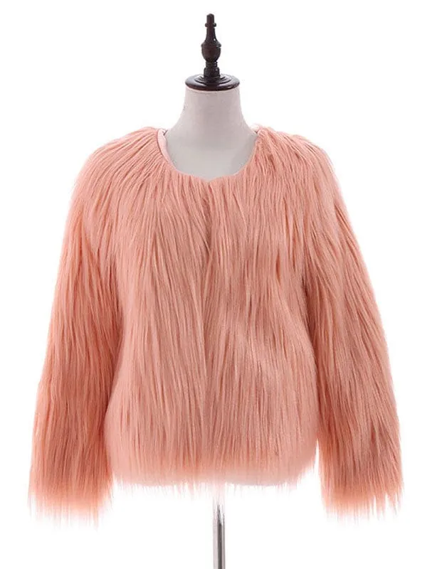 New Faux Fur Coats For Women Long Sleeves Casual Stretch Jewel Neck Pink Short Winter Coat
