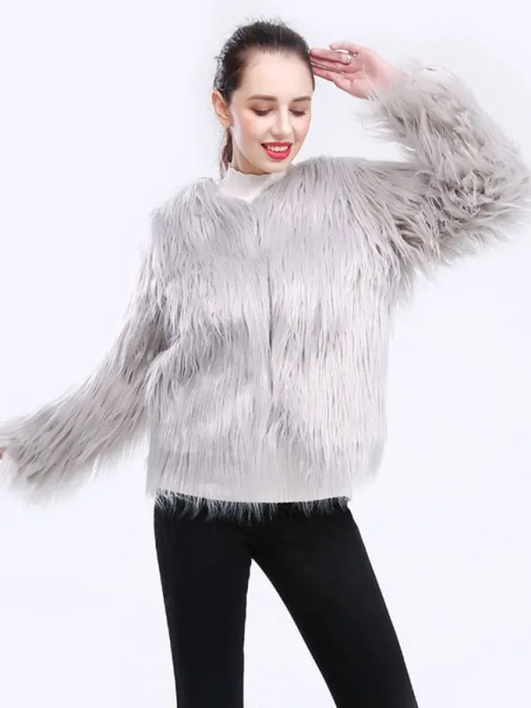 New Faux Fur Coats For Women Long Sleeves Casual Stretch Jewel Neck Pink Short Winter Coat