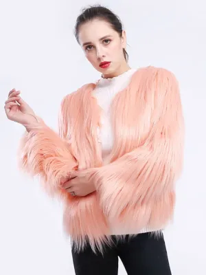 New Faux Fur Coats For Women Long Sleeves Casual Stretch Jewel Neck Pink Short Winter Coat