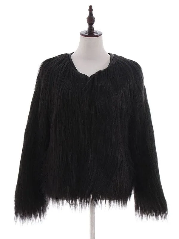 New Faux Fur Coats For Women Long Sleeves Casual Stretch Jewel Neck Pink Short Winter Coat