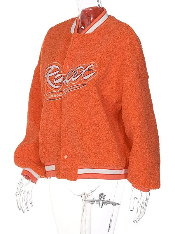 New Faux Fur Coats Long Sleeves Casual Letters Print Oversized Jewel Neck Oragnge Red Women Coat