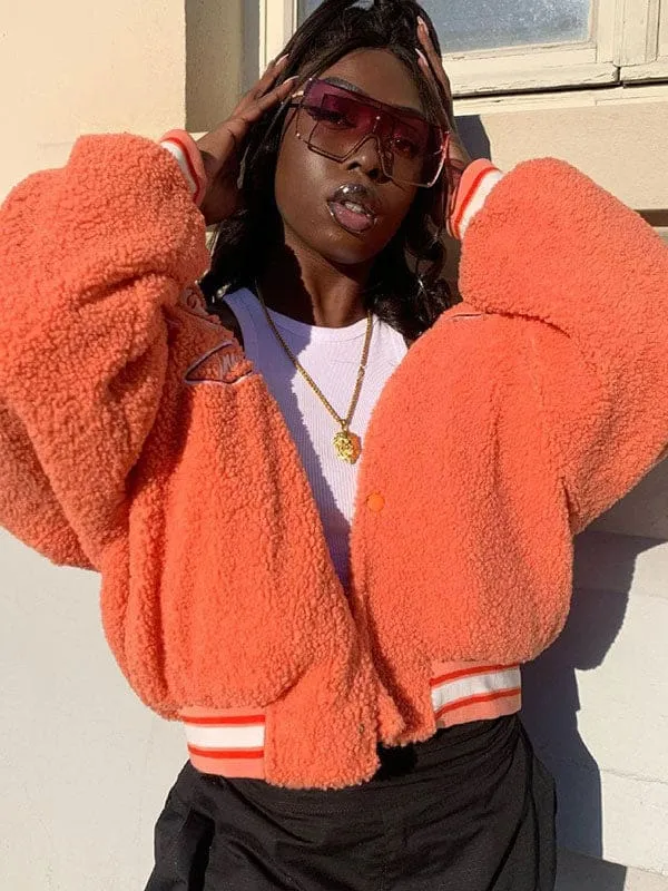 New Faux Fur Coats Long Sleeves Casual Letters Print Oversized Jewel Neck Oragnge Red Women Coat