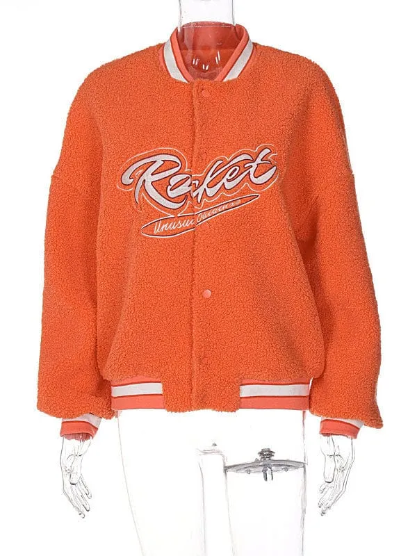 New Faux Fur Coats Long Sleeves Casual Letters Print Oversized Jewel Neck Oragnge Red Women Coat