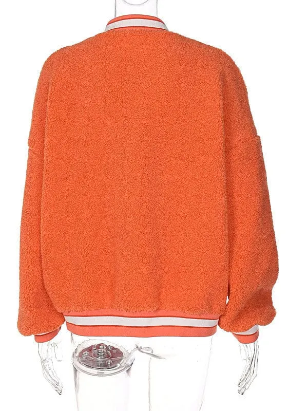 New Faux Fur Coats Long Sleeves Casual Letters Print Oversized Jewel Neck Oragnge Red Women Coat