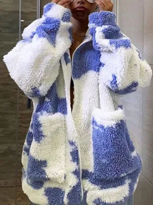 New Faux Fur Coats Long Sleeves Casual Printed Oversized Turndown Collar Royal Purple Women Coat