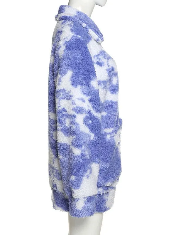 New Faux Fur Coats Long Sleeves Casual Printed Oversized Turndown Collar Royal Purple Women Coat