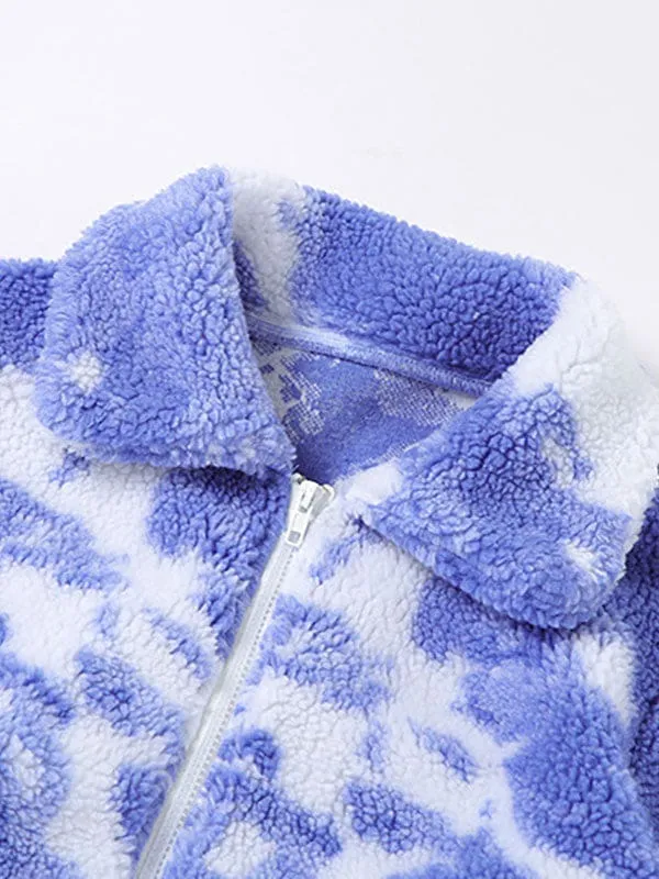New Faux Fur Coats Long Sleeves Casual Printed Oversized Turndown Collar Royal Purple Women Coat