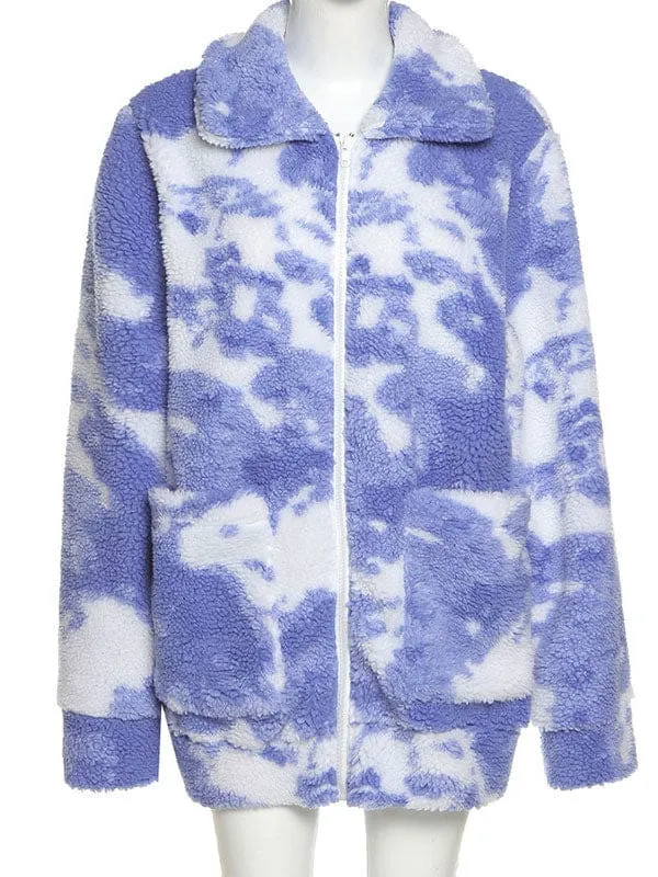 New Faux Fur Coats Long Sleeves Casual Printed Oversized Turndown Collar Royal Purple Women Coat