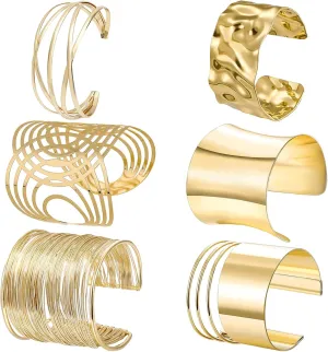 NEWITIN 6 Pieces Gold Chunky Cuff Bracelets for Women Open Wide Wire Bracelet Irregular Bangle Bracelets Thick Arm Cuff Statement Punk Bracelets for Women