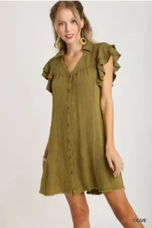 Olive washed ruffle sleeve dress