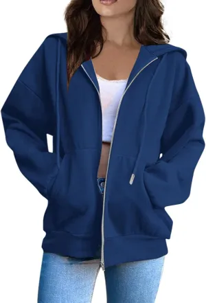 Oversized Hoodies for Women Cute Solid Color Drawstring Fashion Hoodies Loose Fit Zip Up Sweatshirt with Pocket