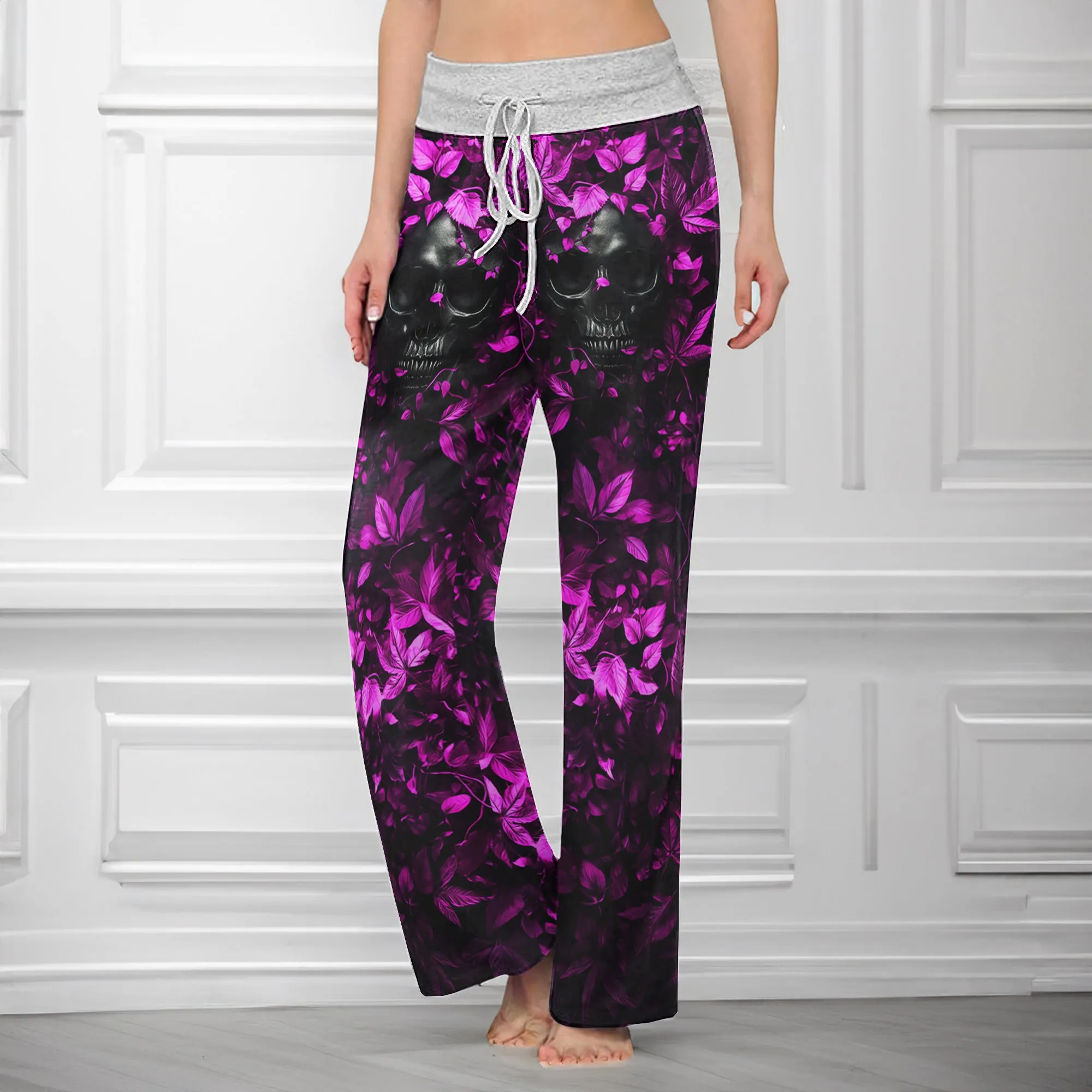 Pink Leaf Skull Art Women's High-waisted Wide Leg Pants