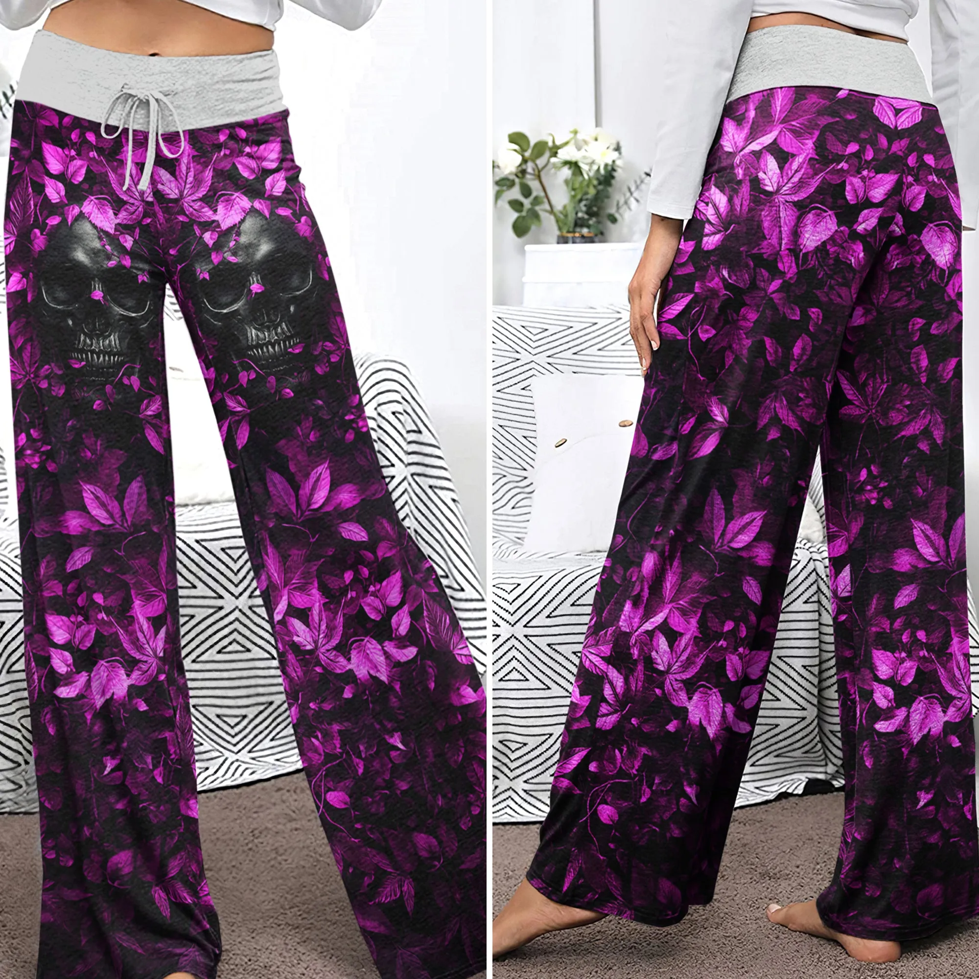 Pink Leaf Skull Art Women's High-waisted Wide Leg Pants