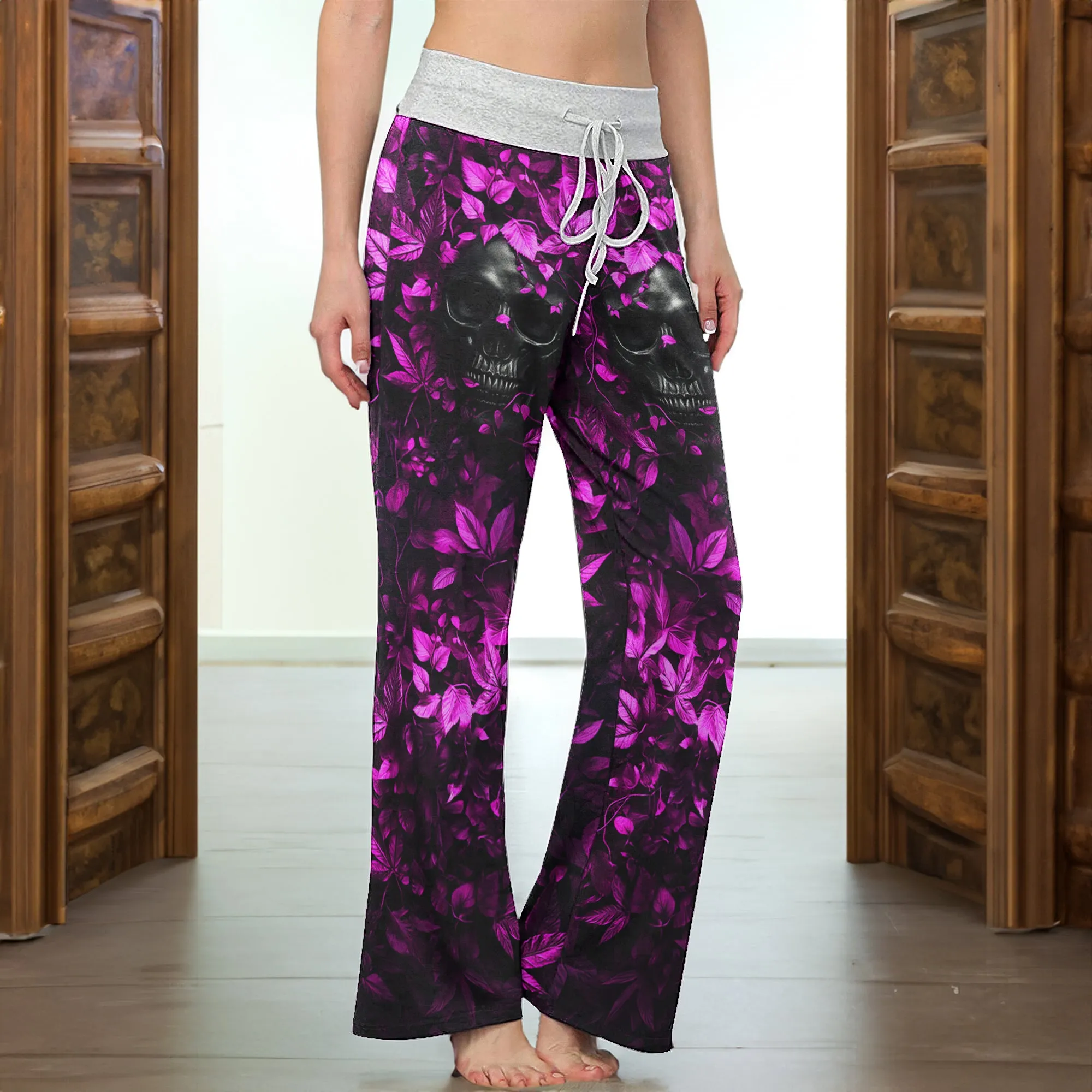 Pink Leaf Skull Art Women's High-waisted Wide Leg Pants