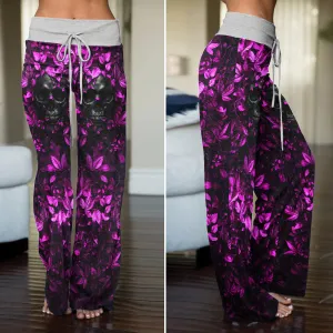 Pink Leaf Skull Art Women's High-waisted Wide Leg Pants