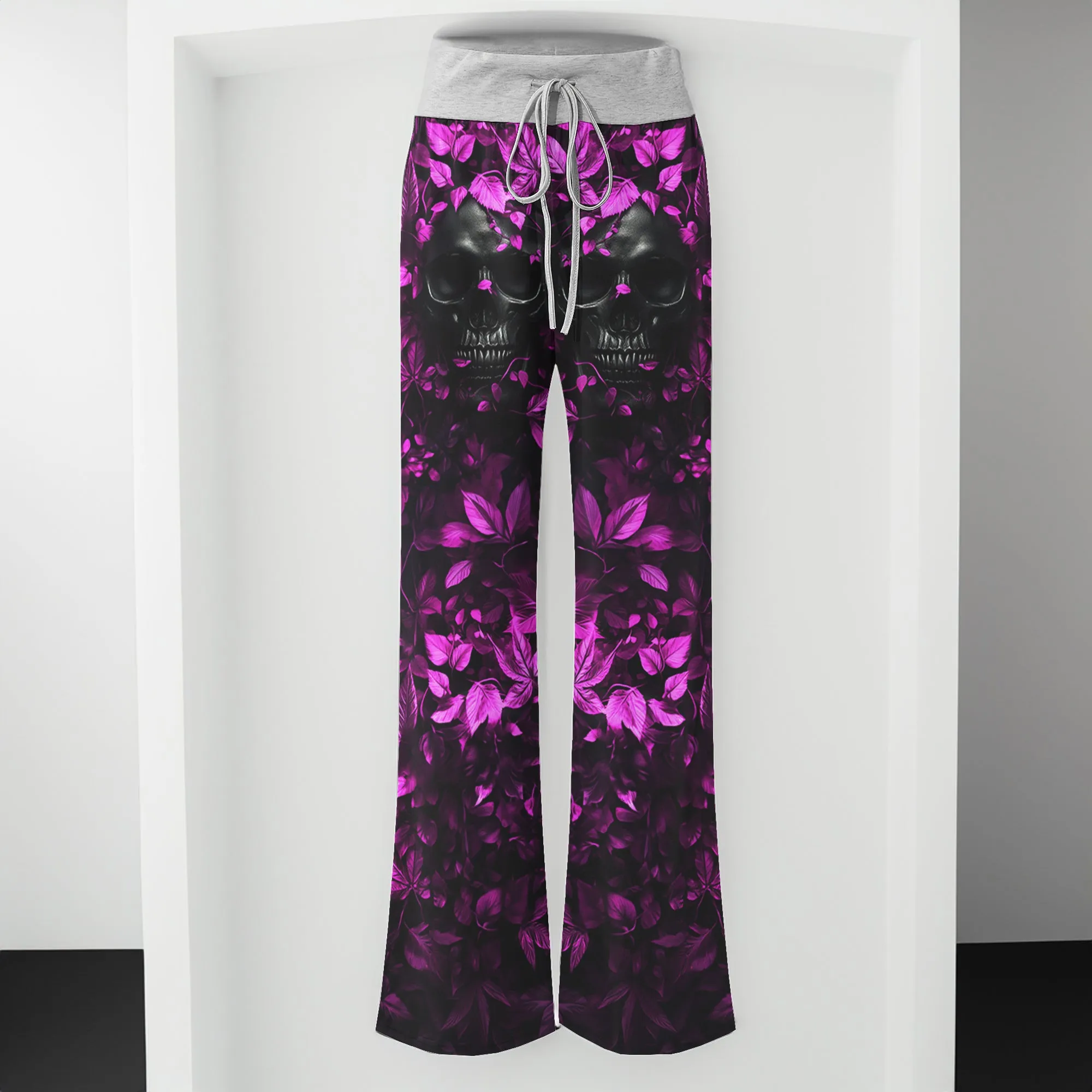Pink Leaf Skull Art Women's High-waisted Wide Leg Pants
