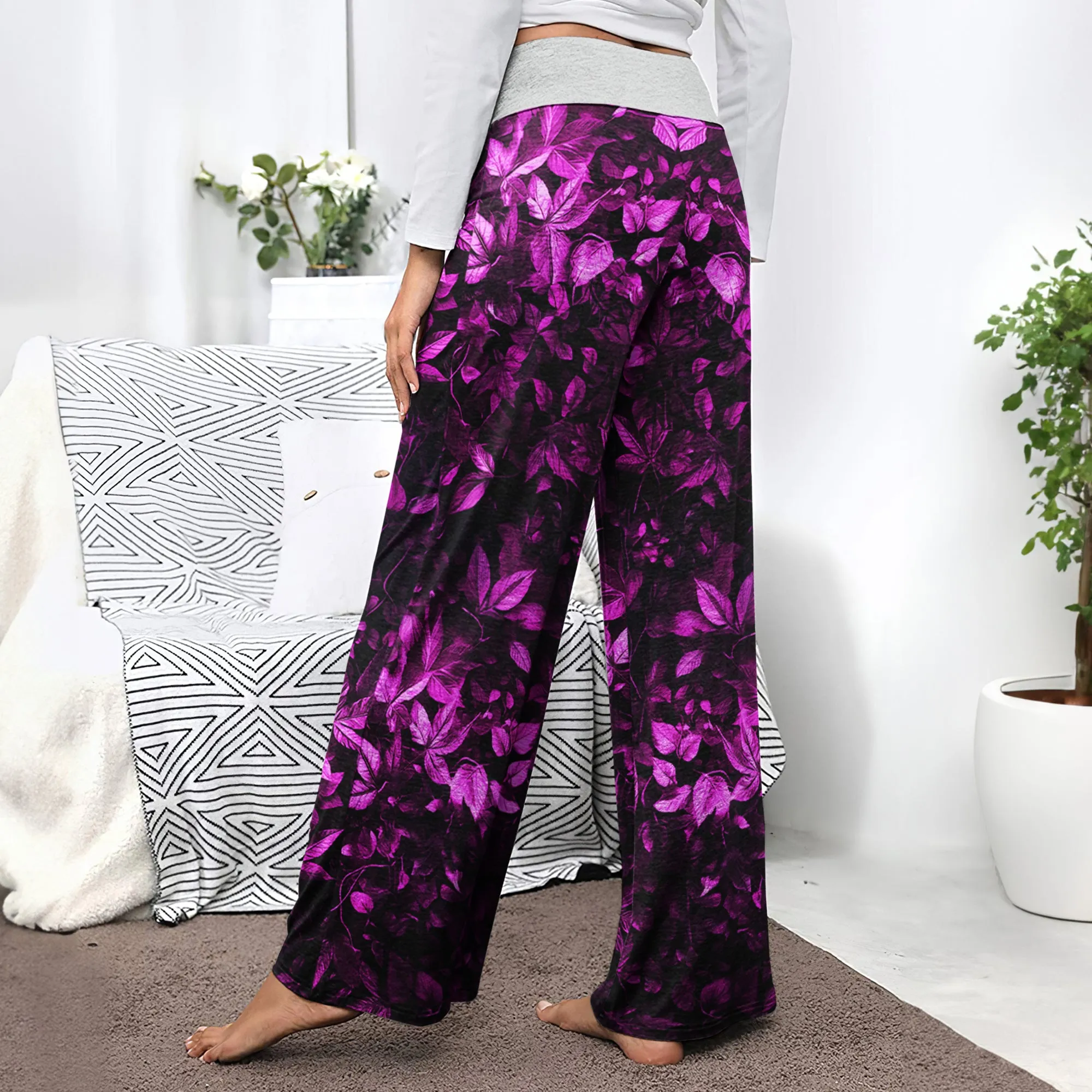 Pink Leaf Skull Art Women's High-waisted Wide Leg Pants