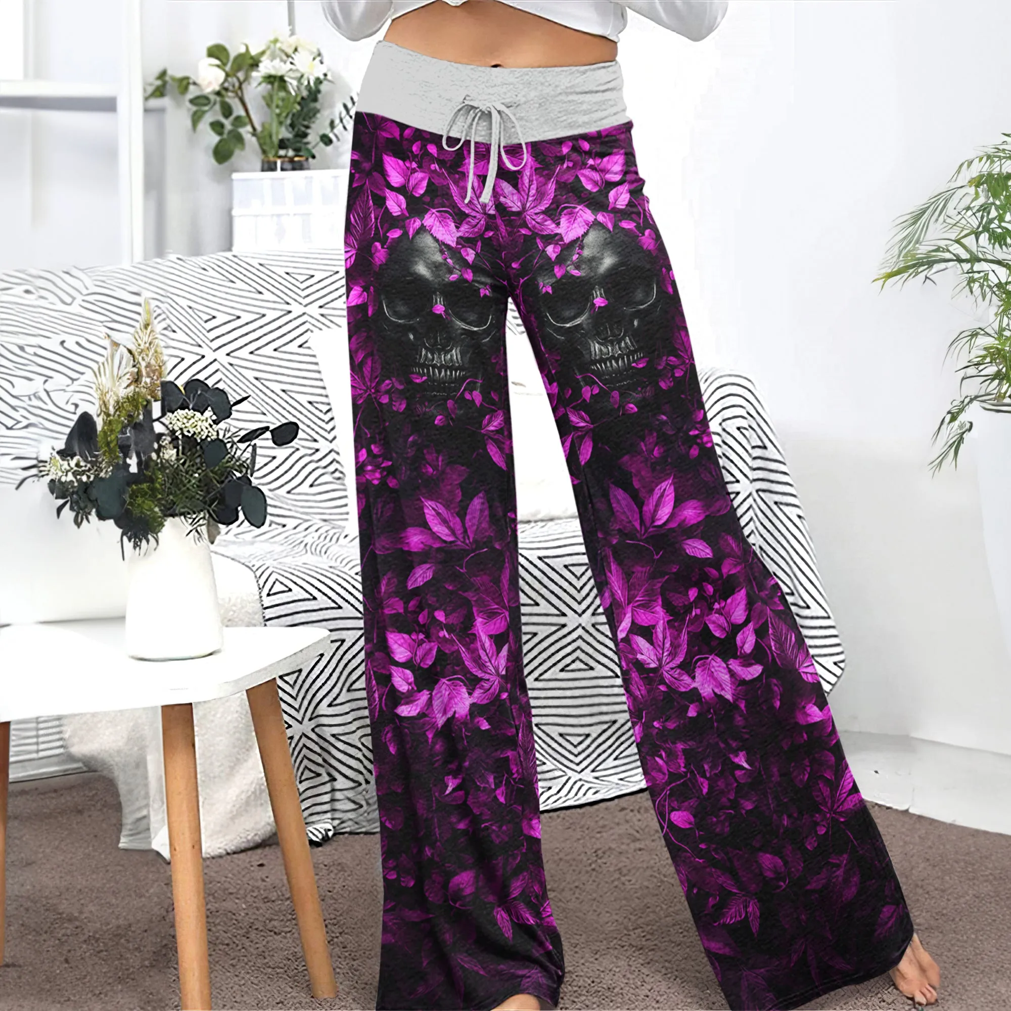 Pink Leaf Skull Art Women's High-waisted Wide Leg Pants