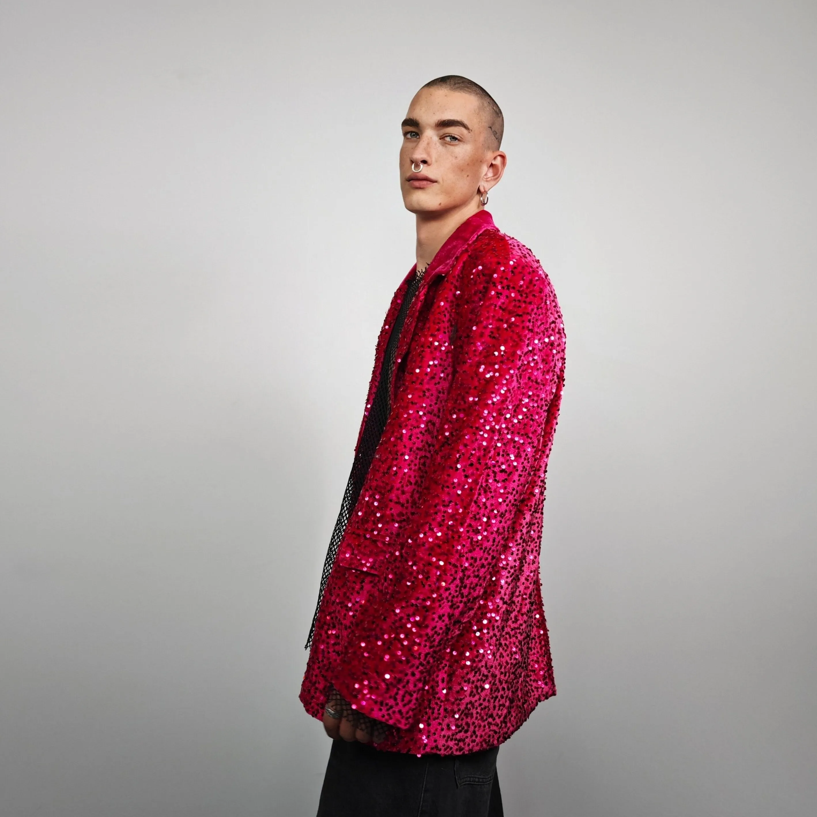 Pink sequin blazer glitter embellished bomber neon tuxedo going out jacket iridescent party bomber luminous fancy frock eras varsity