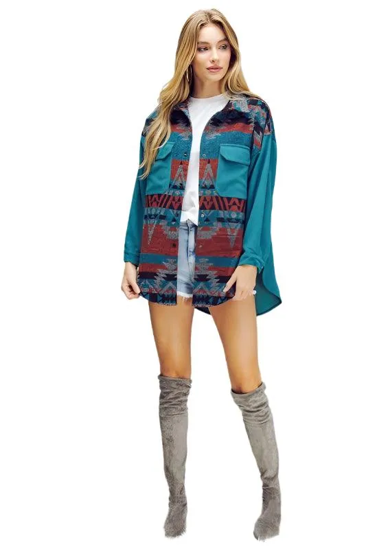 Plus Printed Button Down Long Sleeve Jacket