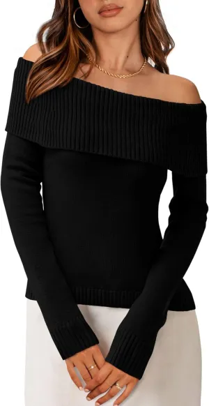 PRETTYGARDEN Women's Fall Off Shoulder Sweaters Y2K Long Sleeve Ribbed Knit Fitted Pullover Winter Date Night Tops Blouse